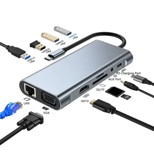 11-in-1 Typ-C-USB-3,0-Hub-Multi-Port-Laptop-Docking station Typ C bis 4k HDMI-USB-PC-Adapter für 100m Gigabit-Nic-Adapter 1